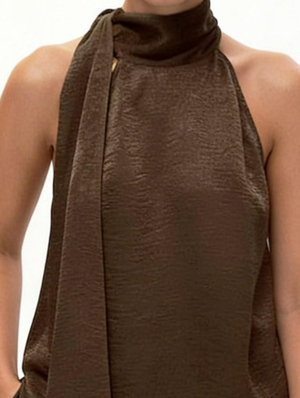 High-Neck Tie Halter Top - Chocolate Brown - Picture 3 of 12